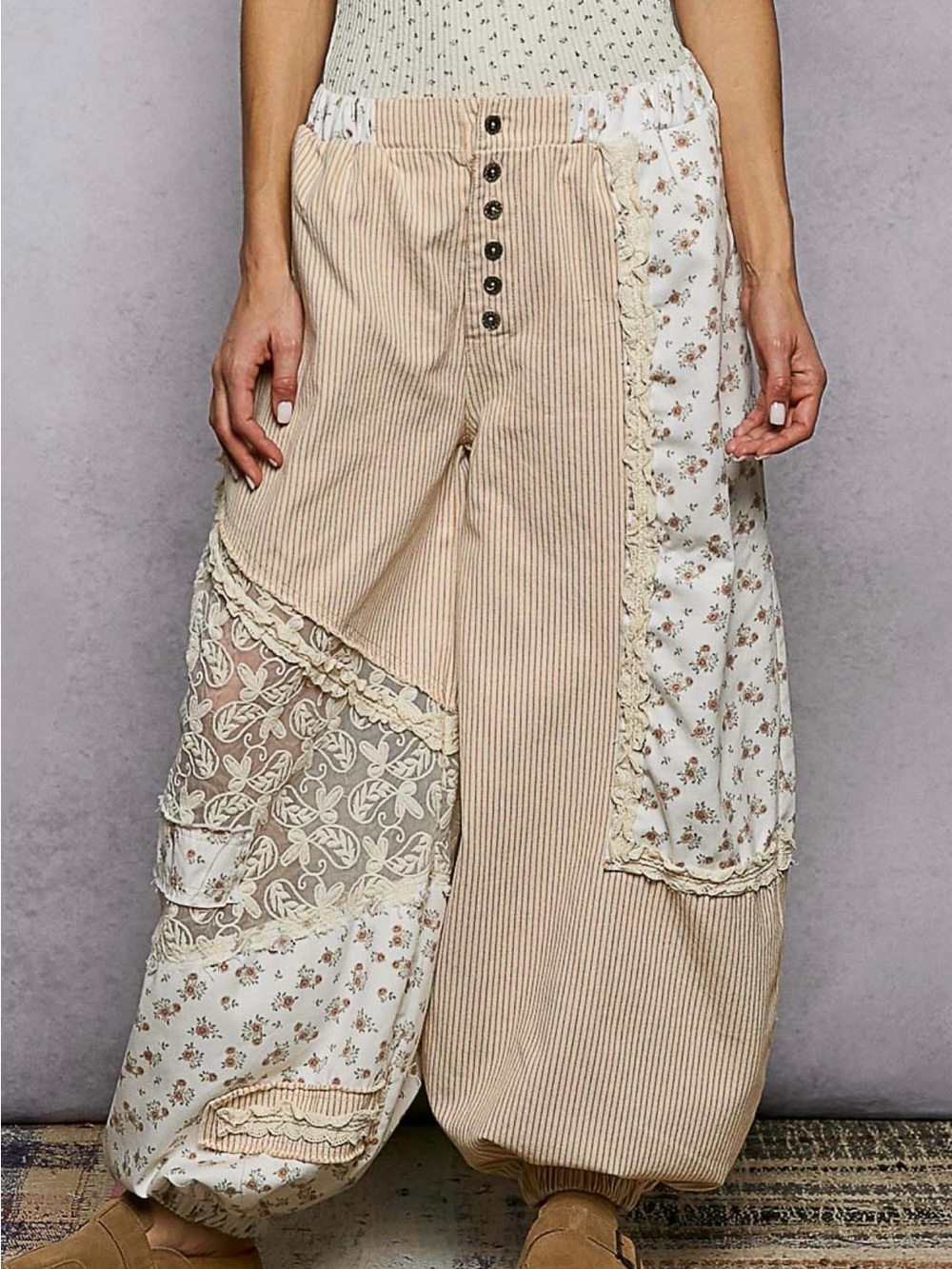POL Cream & Tan Patchwork Wide-Leg Pants